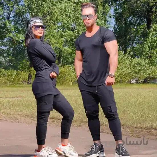 ست زوج اسپرت جنس دورس تمام کش رنگ مشکی ا Men's and women's sports set