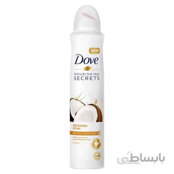 اسپری ضدتعریق داو زنانه ۲۵۰ میل رایحه نارگیل و گل یاسمن – Dove Nourishing Secrets deodorant