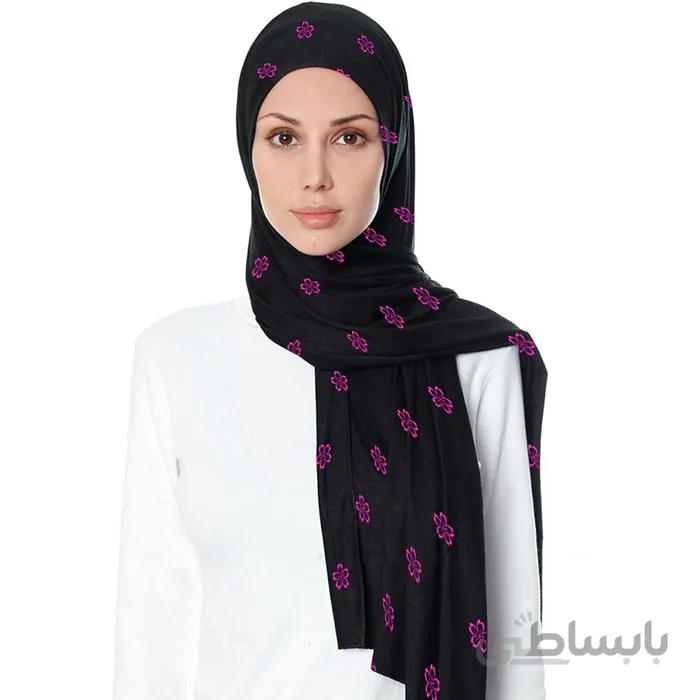 شال حریر مشکی گلدوزی گل صورتی