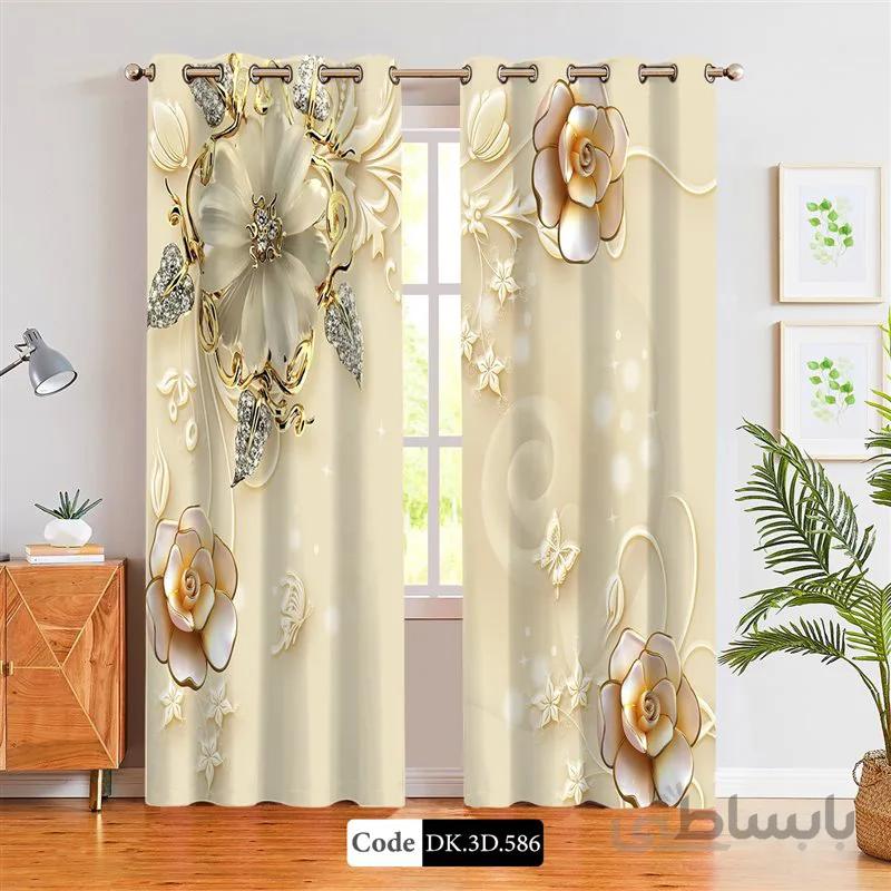 پرده پانچی (هازان و مخمل)کد DK.3D.586 طرح سه بعدی گل و پروانه