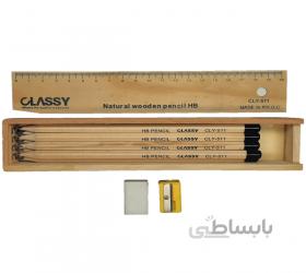 مداد مشکی چوبی 12 عددی با جامدادی چوبی طبیعی classy