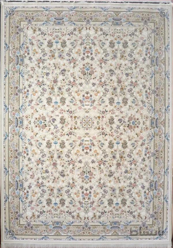 فرش کاشان 1200 شانه طرح افشان نیلوفر کرم برجسته