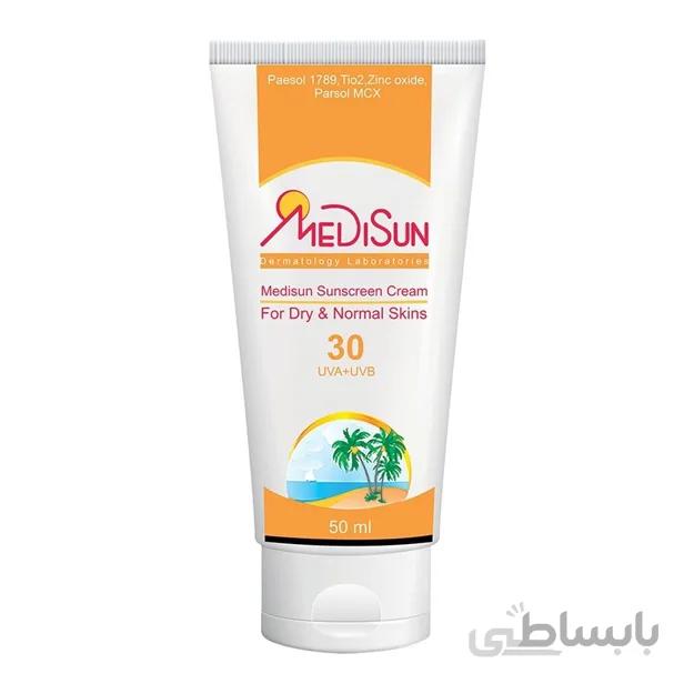 کرم ضد آفتاب بی رنگ SPF30 پوست های خشک و نرمال مدیسان 50 میل
