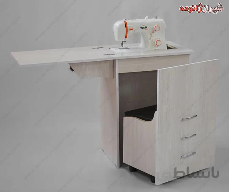 ميز تاشو دو کاره با صندلی چرخدار تمام MDF (میز چرخ خیاطی و مطالعه)