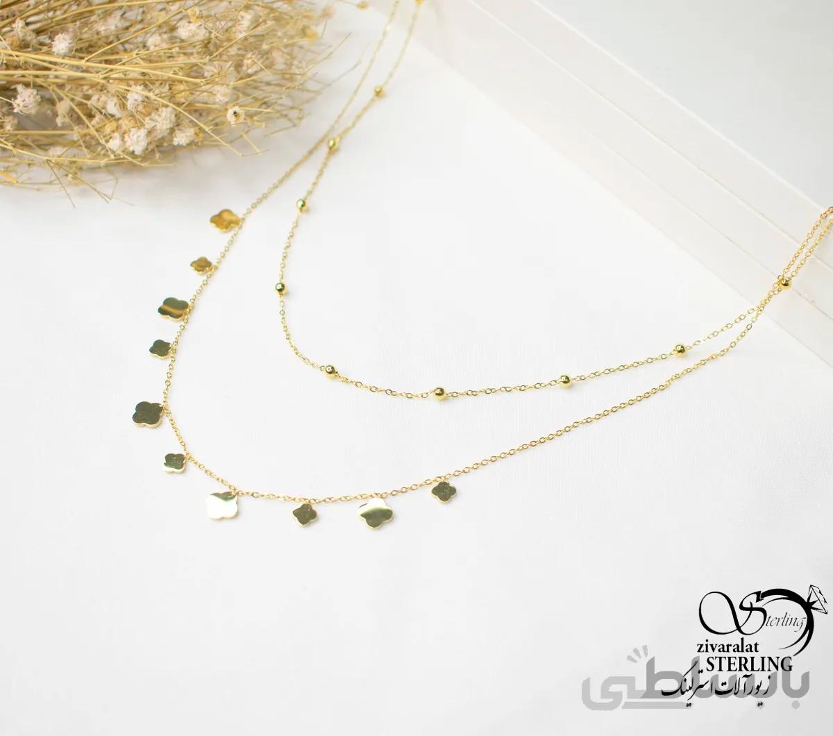 گردنبند استیل زنانه دو زنجیره گلدار