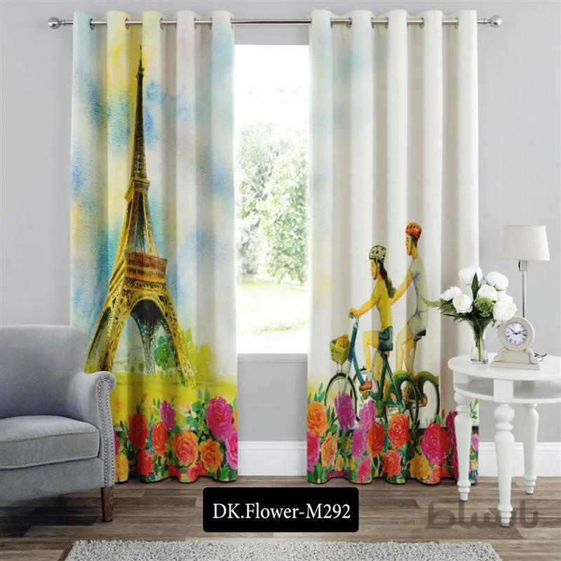 پرده پانچی (هازان و مخمل)کد DK.Flower.M292 طرح گل و منظره دوچرخه سواری در پاریس