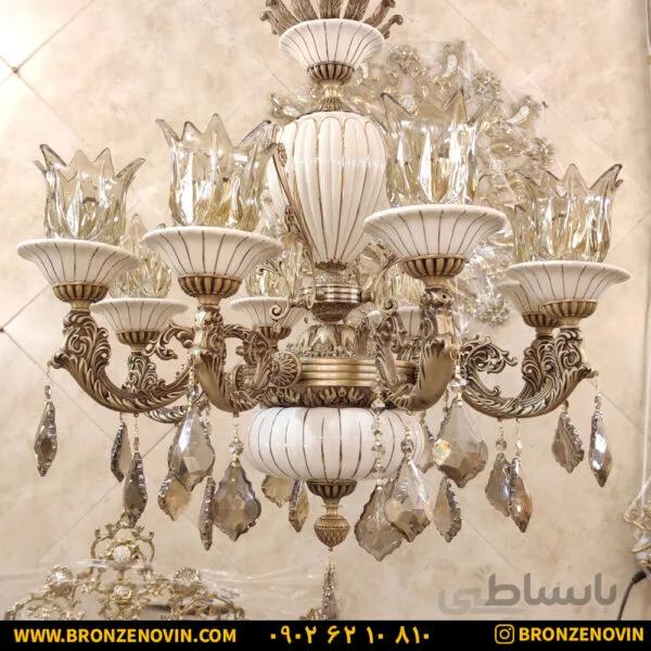 لوستر برنزی سرامیکی ابریشم ۴ شاخه ۸ شعله