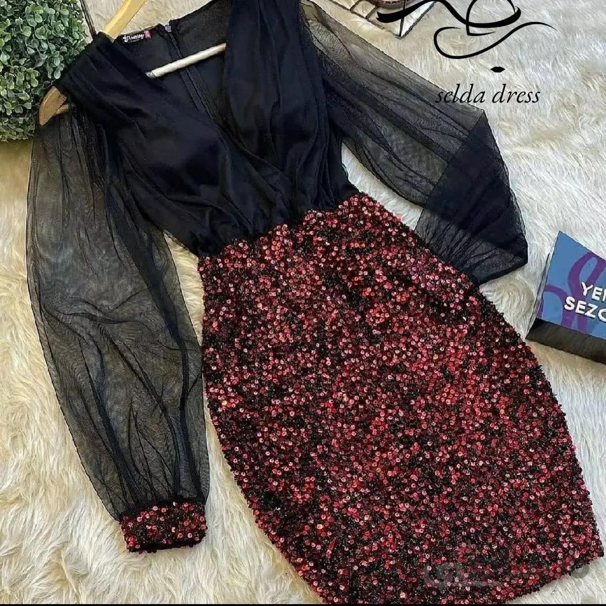لباس مجلسی کوتاه شیک و خاص ۱۲۲۹ - زرشکی / ۳۴ ا 1229