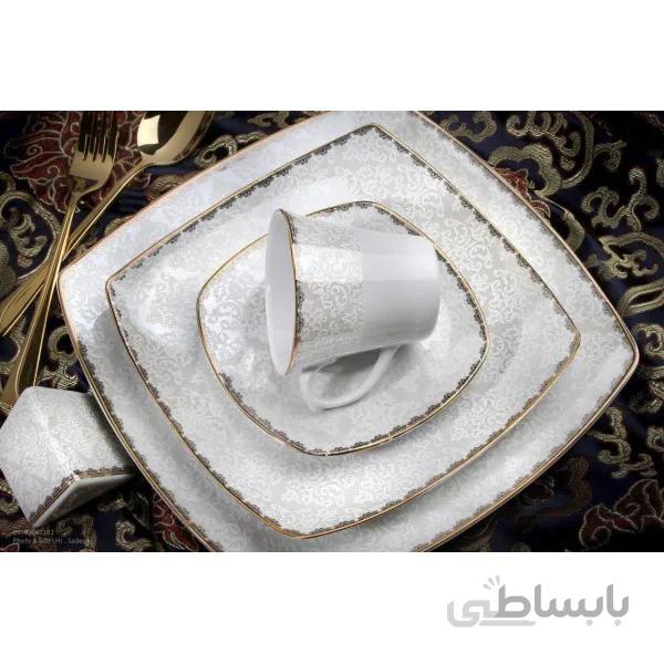 سرویس غذاخوری 12 نفره 105 پارچه چینی پردیس کاشان قالب پاریس طرح رایان طلایی کد 178B