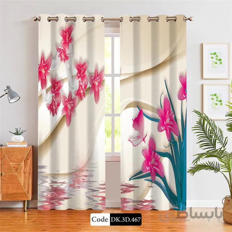 پرده پانچی (هازان و مخمل)کد DK.3D.467 طرح سه بعدی گل های صورتی در آب