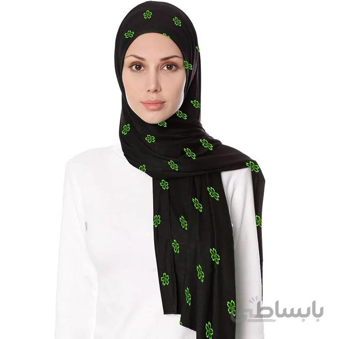 شال حریر مشکی گلدوزی گل سبز