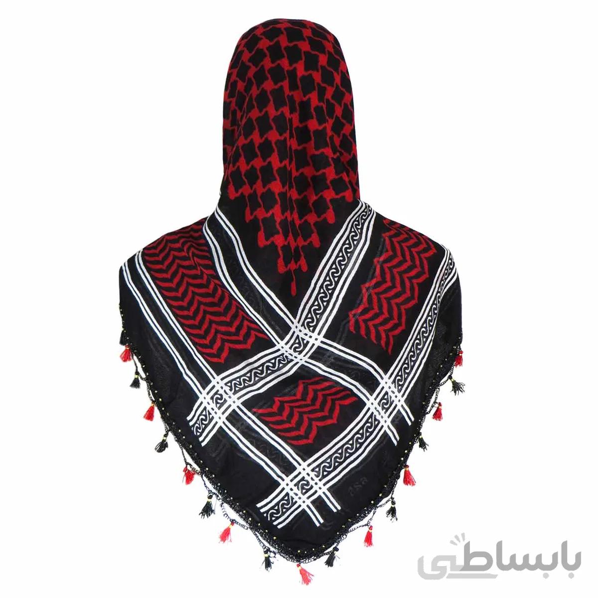 روسری سنتی رنگ قرمز منگوله ی قرمز- مشکی 1.5 متری