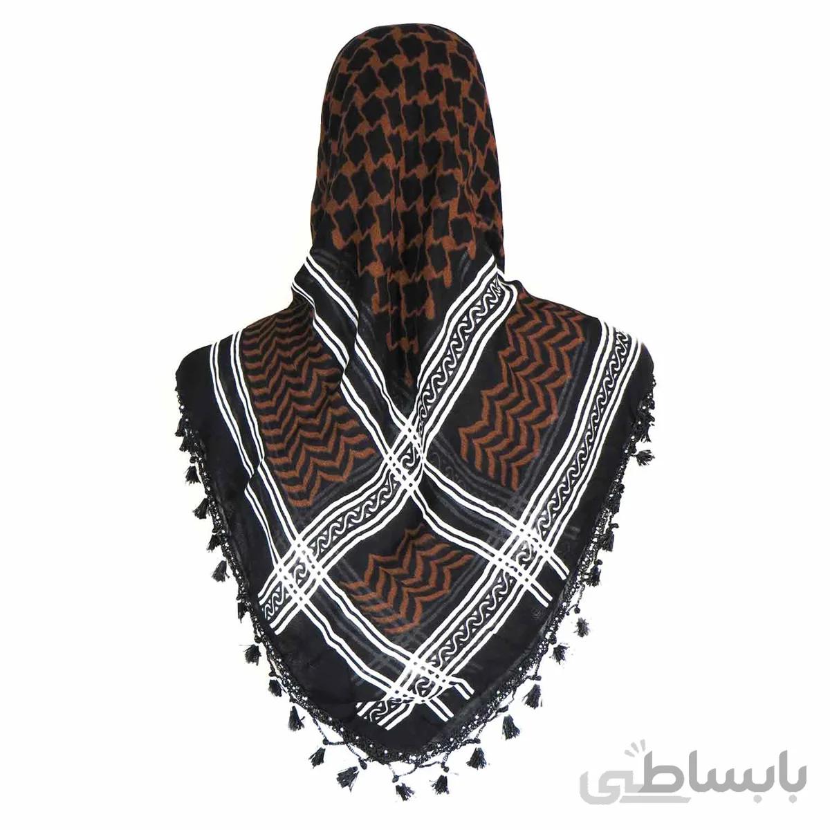 روسری سنتی رنگ قهوه ای منگوله ی مشکی 1.5 متری