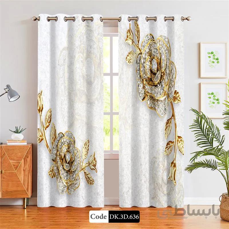 پرده پانچی (هازان و مخمل)کد DK.3D.636 طرح سه بعدی تک گل طلایی
