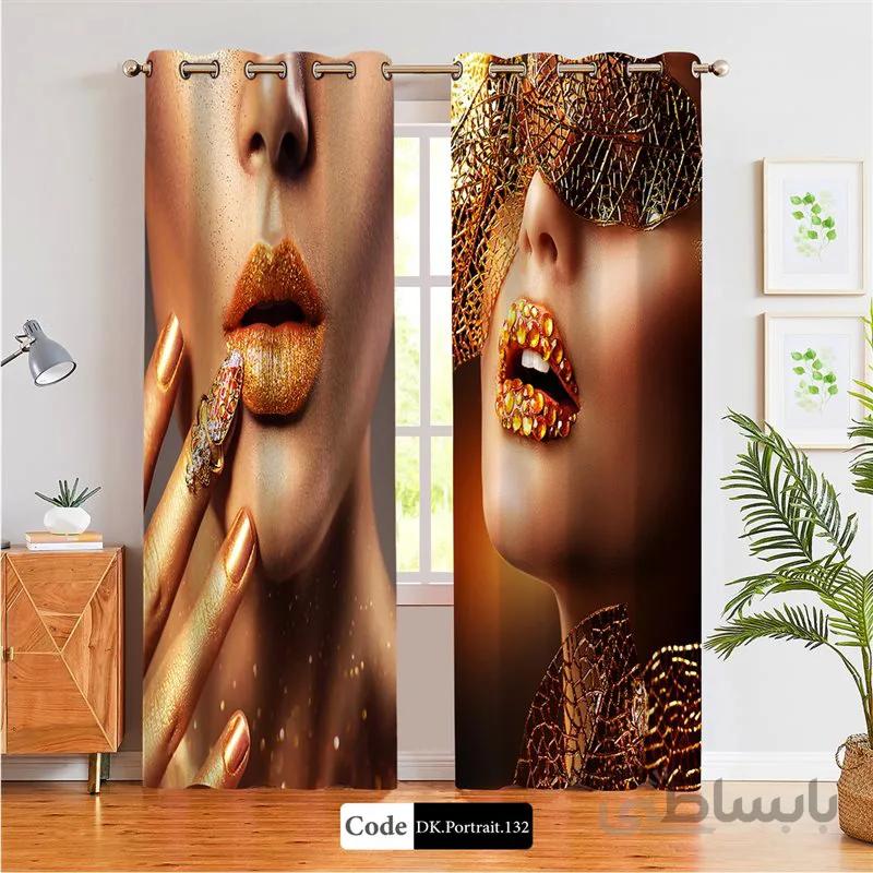 پرده پانچی (هازان و مخمل) کد DK.Portrait.132 طرح چهره زن با نقاب طلایی