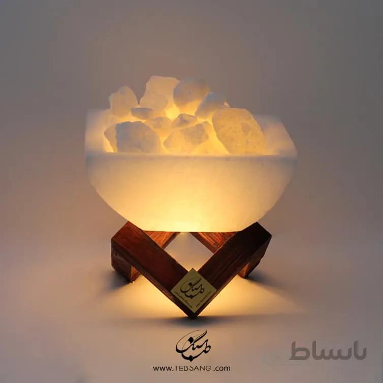 آباژور سنگ نمک طرح کاسه مربع پایه چوبی