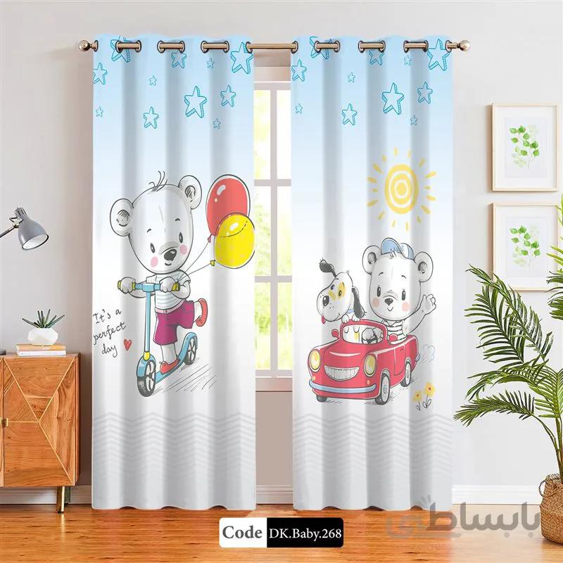 پرده پانچی (هازان و مخمل)کد DK.Baby.268 طرح نوزاد بچه خرس و اسکوتر