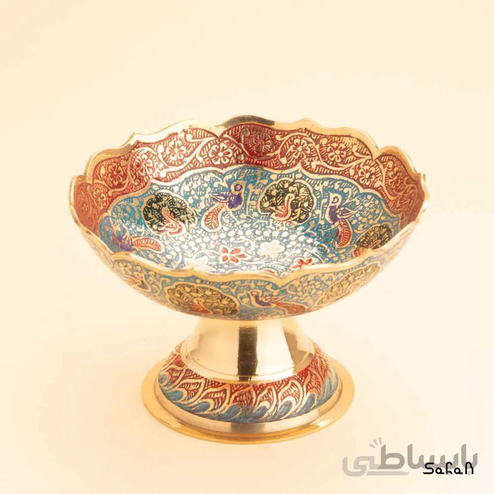 کاسه برنجی میناکاری پایه دار دورو مدل طوطی سایز 1