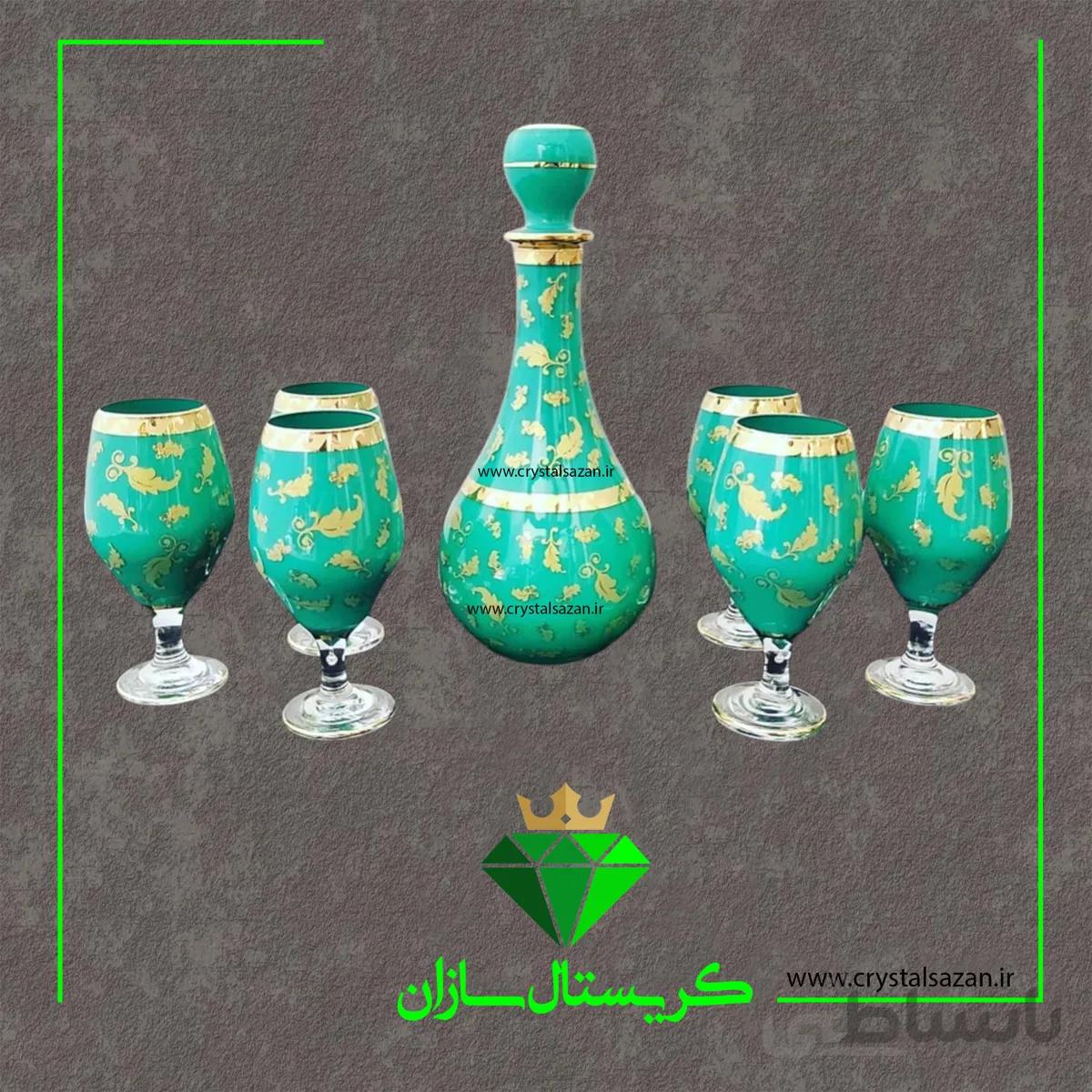 تنگ و جام ۷ پارچه مدل برگ زرین رنگ سبز کلاسیک کریستال سازان کد J1311