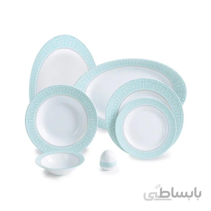 سرویس چینی 28 پارچه سپید صدف فیروزه ای 6 نفره