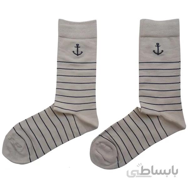 جوراب خط دار مردانه زمینه کرم با طرح لنگر کد PH112