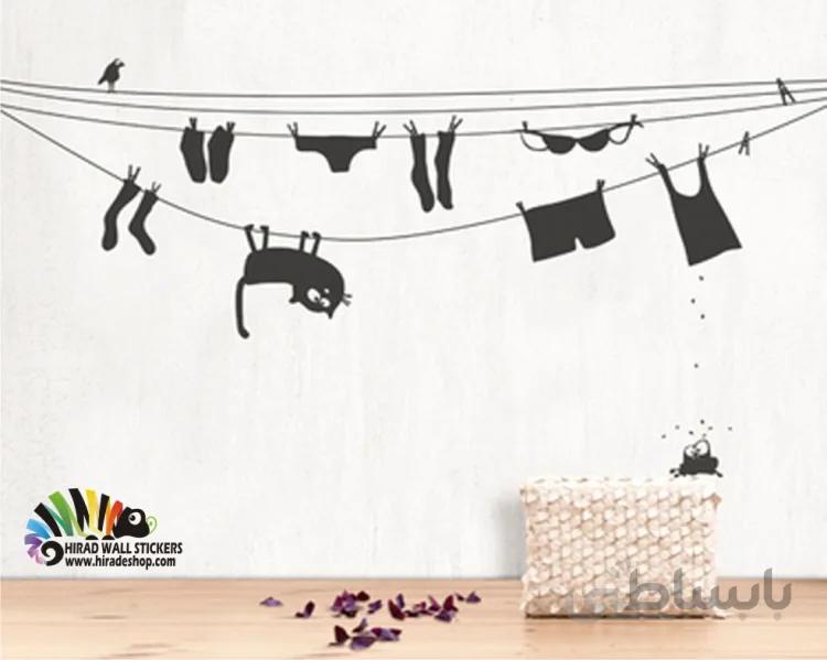 برچسب دیواری بند رخت و گربه کد h394
