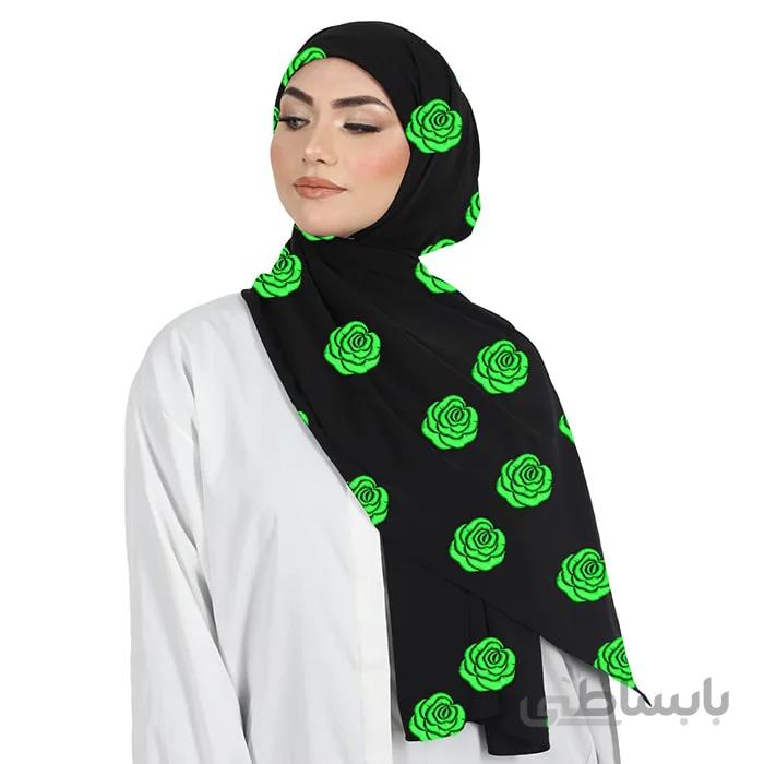 شال حریر مشکی گلدوزی رُز سبز