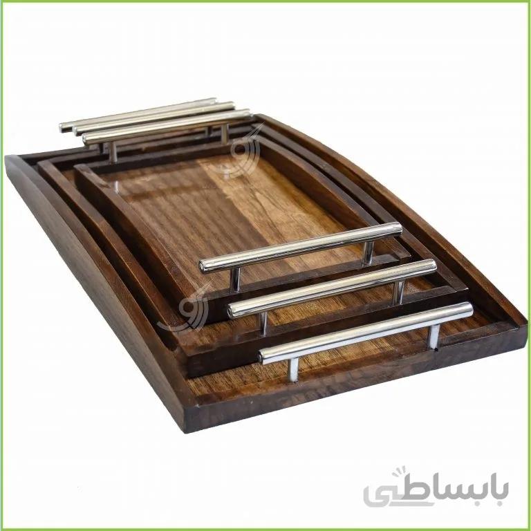 سینی مستطیل چوبی دسته استیل بزرگ کد ۱۰۱۵۶۵