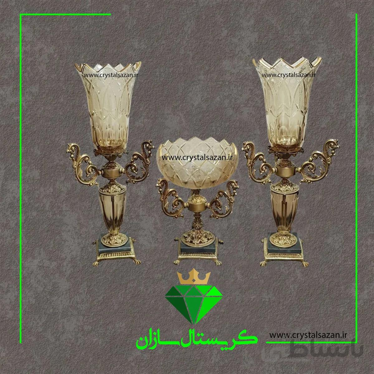 سه تیکه شمعدان و میوه خوری مدل برلیان شامپاینی رنگ کریستال سازان کد CS1236