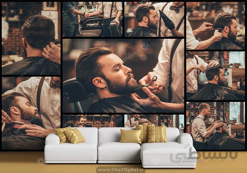 پوستر دیواری برای آرایشگاه مردانه طرح آرایشگر آقا در حال پیرایش و کوتاهی BA-4773