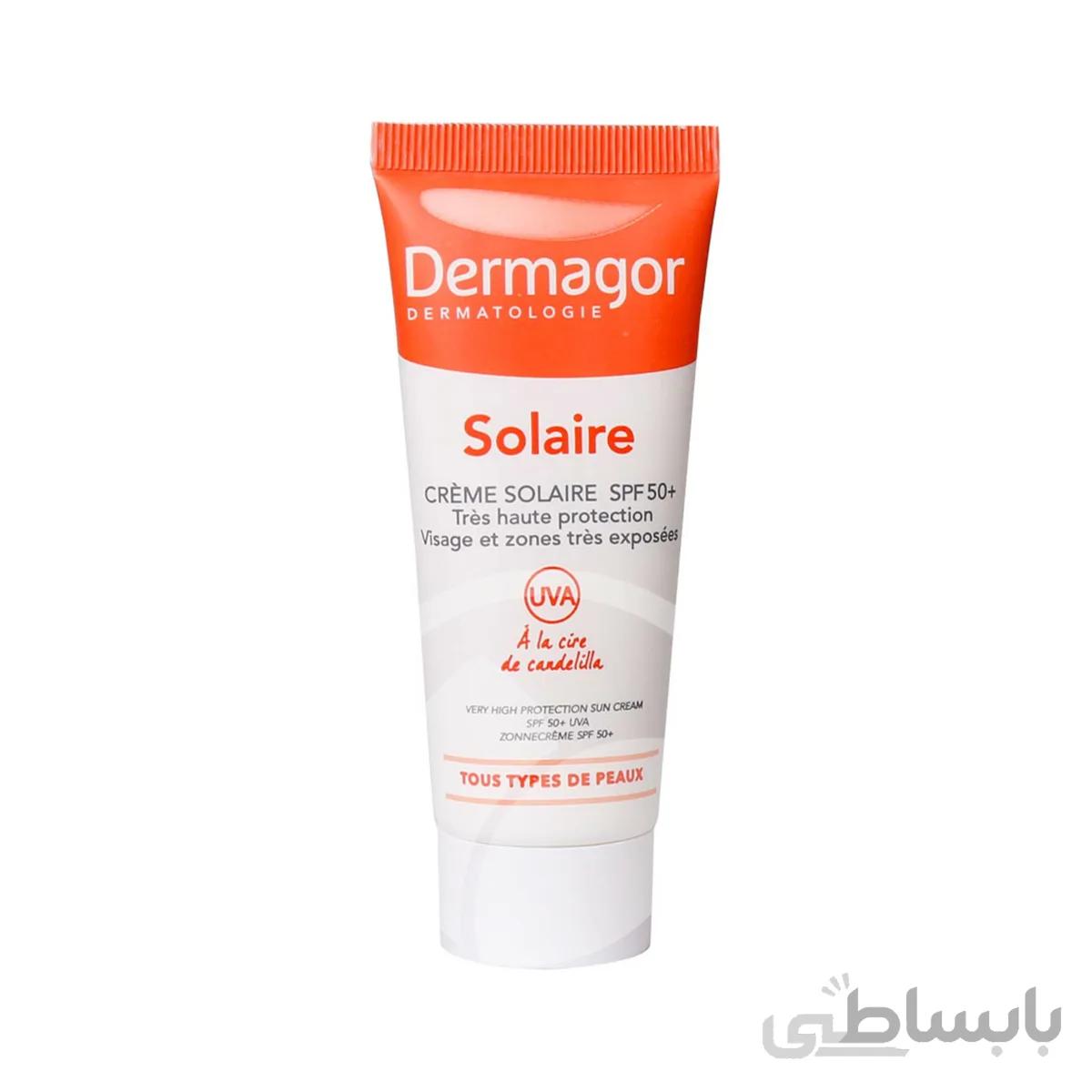 کرم ضد آفتاب بی رنگ SPF50 مناسب پوست نرمال تا خشک درماگور 40 میلی لیتر ا CREAM SOLAIRE SPF 50 DERMAGOR 40ml