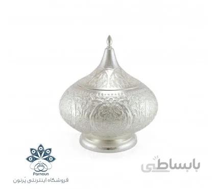 شکلات خوری نقره نما با طرح قلمزنی گل و مرغ