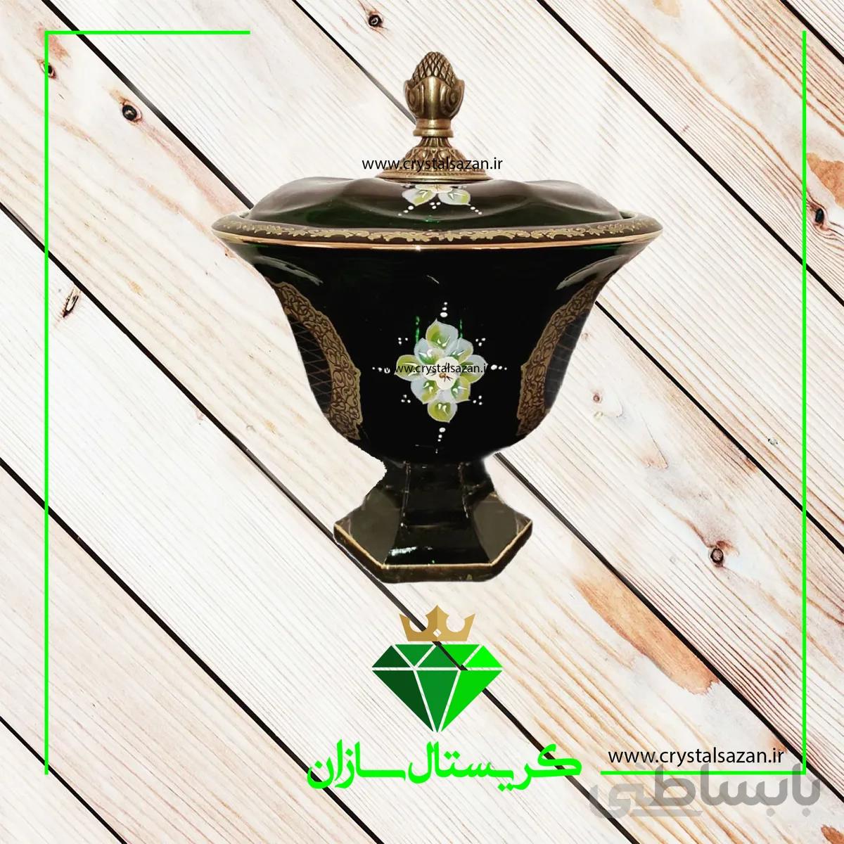 شکلات خوری بزرگ درب دار مدل گل چک سبز رنگ کریستال سازان کد K1294 1