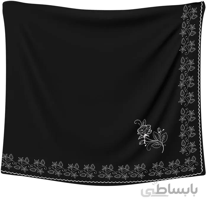 روسری حریر مشکی گلدوزی گل نقره ای