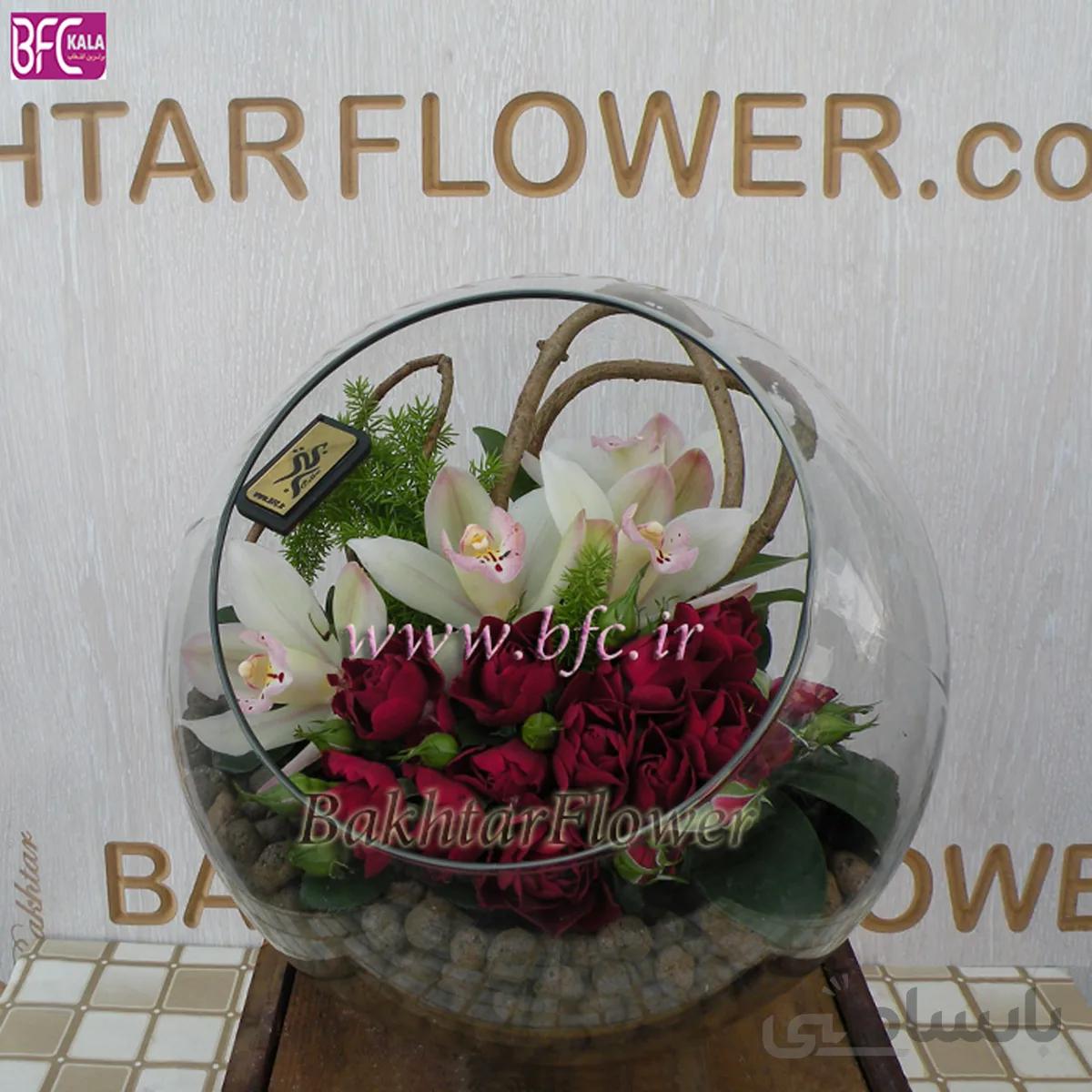 گوی شیشه ای با ارکیده و رز مینیاتوری