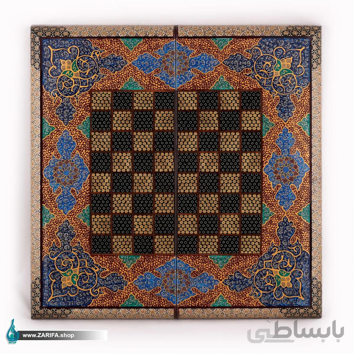 تخته نرد و شطرنج خاتم لب گرد با تذهیب آبی۵۰*۵۰