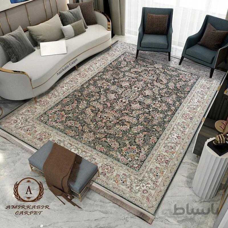 فرش ۱۲۰۰ شانه طرح لوتوس دودی گل برجسته