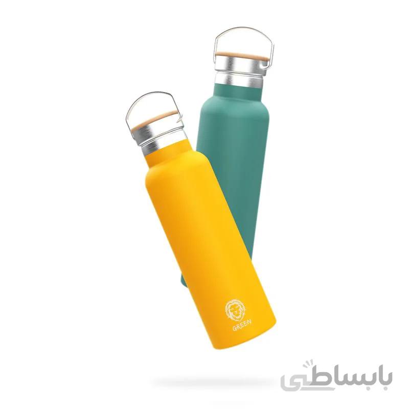 بطری آب درب چوبی استیل ضد زنگ 600 میلی لیتر برند گرین لاین