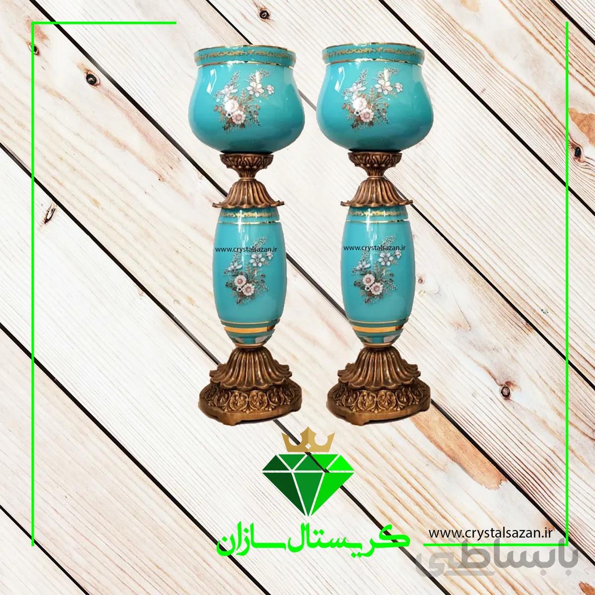 شمعدان افرا کریستال سازان مدل رز فیروزه ای کد SH1209