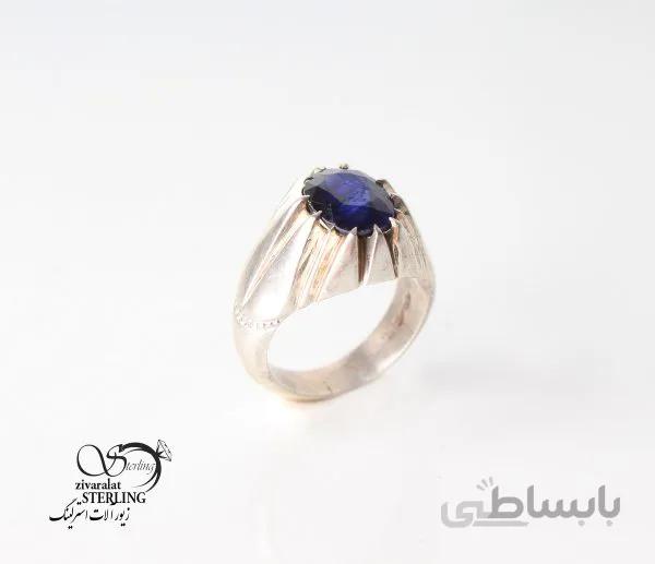 انگشتر نقره مردانه با سنگ یاقوت کبود گرد