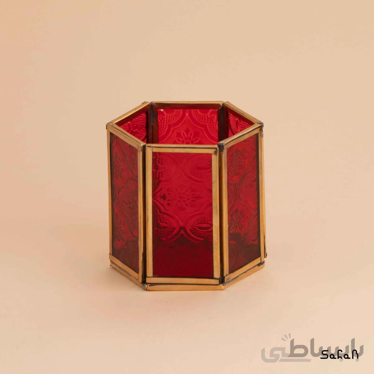 شمعدان برنجی شیشه ای مدل شش ضلعی لیوانی