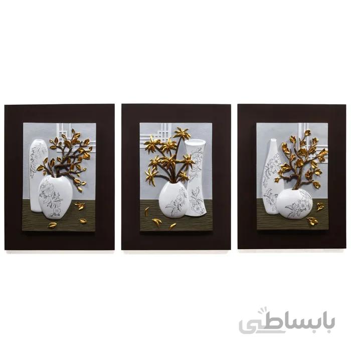 تابلو دکوراتیو برجسته مدل برگ و گلدان سایز 60 در 80 سه تکه