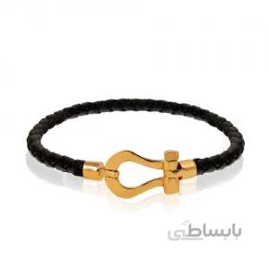 دستبند چرم مردانه با پلاک طلا طرح فرد (پلاک کوچک) کد MB145