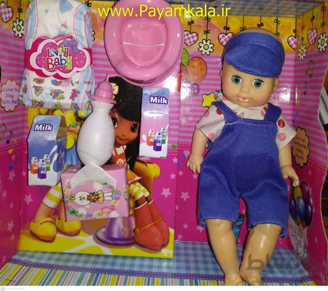 اسباب بازی عروسک بی بی ( LOVELY BABY-9099 ) با کلاه و اورال آبی