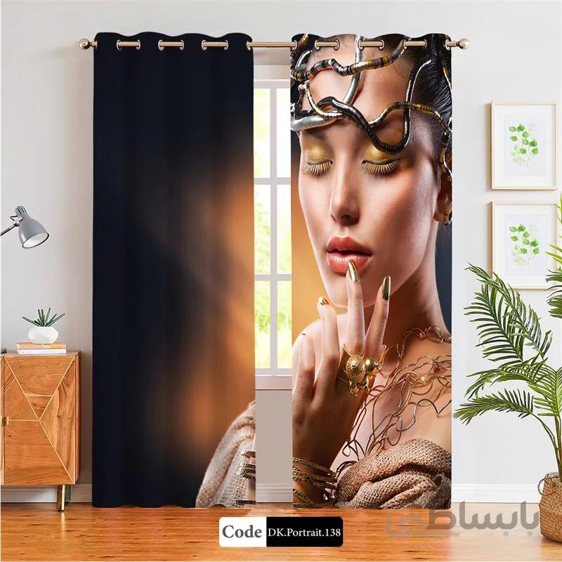 پرده پانچی (هازان و مخمل) کد DK.Portrait.138 طرح چهره زن با تاج فلزی