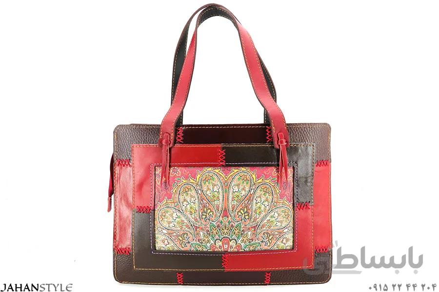 کیف دستی چرم طبیعی چهل‌تکه ترمه دوزی