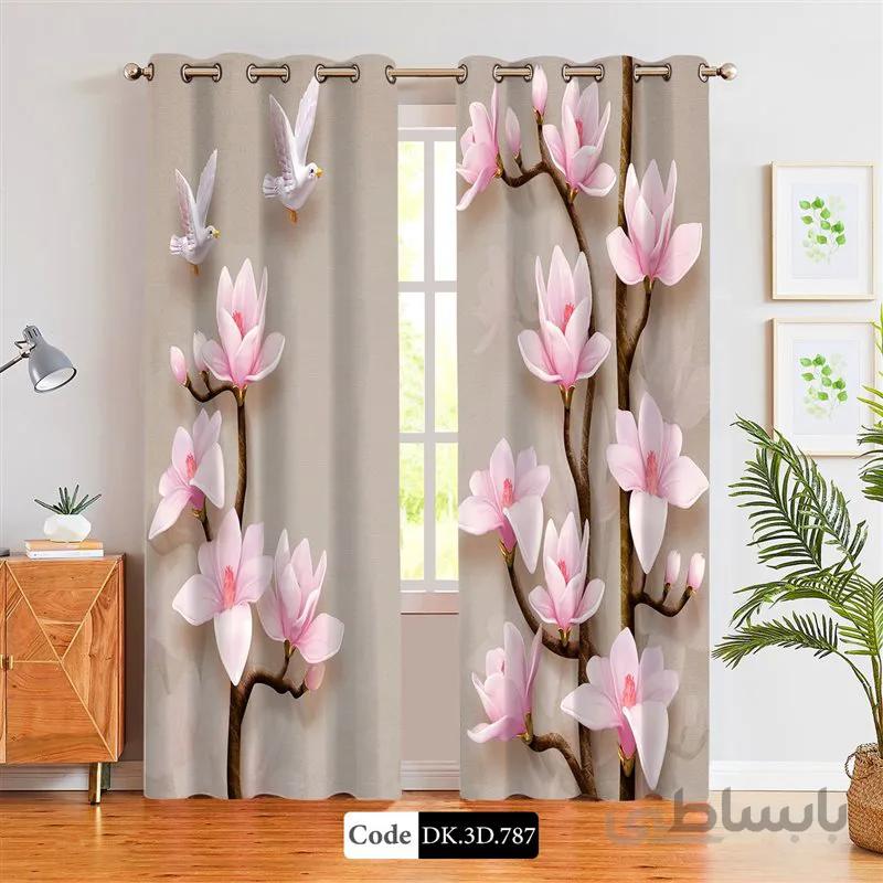 پرده پانچی (هازان و مخمل)کد DK.3D.787 طرح سه بعدی غنچه های گل و پرنده ها