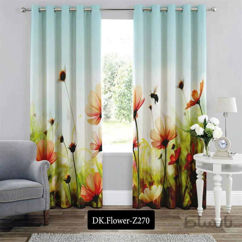 پرده پانچی (هازان و مخمل)کد DK.Flower.Z270 طرح گل و منظره در میان گلها