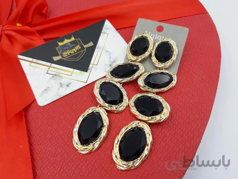 گوشواره بلند با سنگ مشکی استیل طلایی