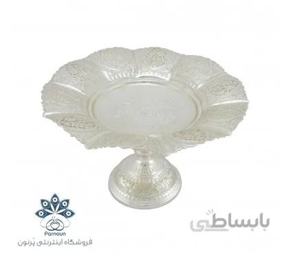 شیرینی خوری نقره نما با نقش قلمزنی گل و مرغ